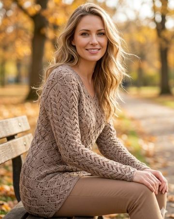Pull à Torsades Ajourées et Encolure en V